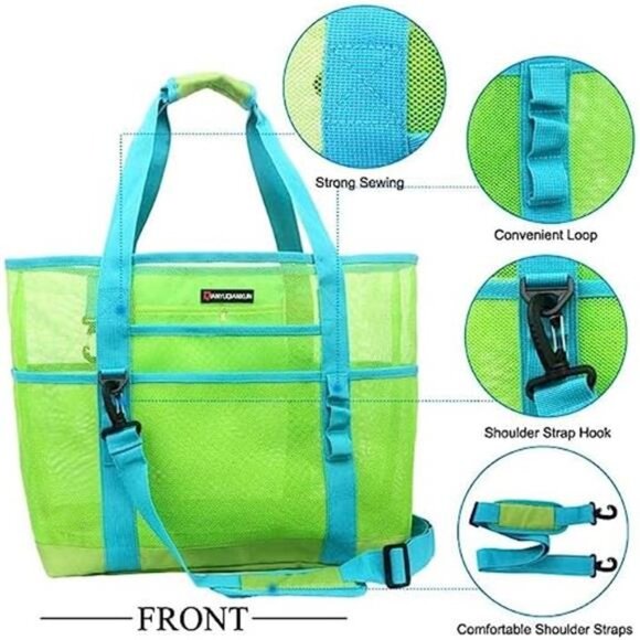 Mesh Beach Bag 40L Large with 9 Pockets Bag Green - Picture 5 of 6